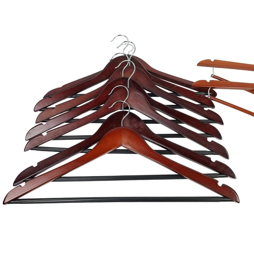 7 Vintage Solid Wood Suit Hangers Cherry Finish + 2 Non Slip Pant Bar Chrome